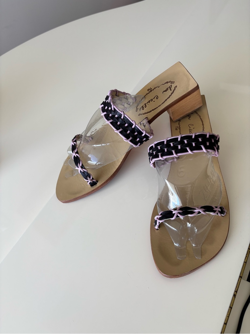 Woven Italian  Two-Strap Block Heel Sandals - Black & Pink